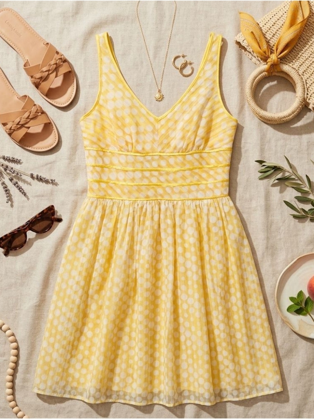 💛EUC Amanda Lane Charming Yellow & White Polka Dot Fit & Flare Dress, Size 6P